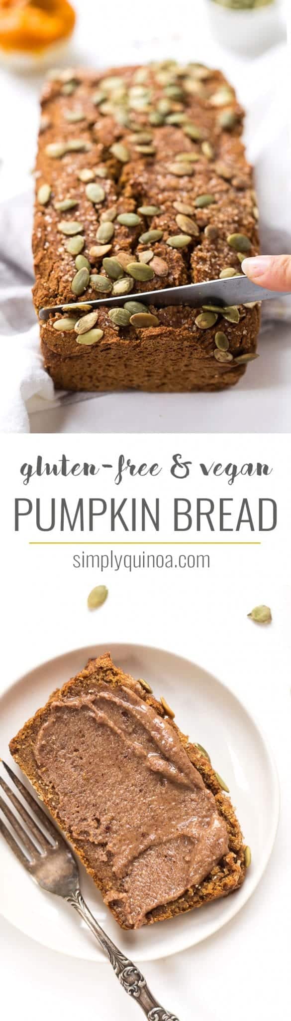 This HEALTHY Gluten-Free + Vegan Pumpkin Bread recipe is packed with protein, fiber and healthy fats. It's also low in sugar and is the perfect breakfast!