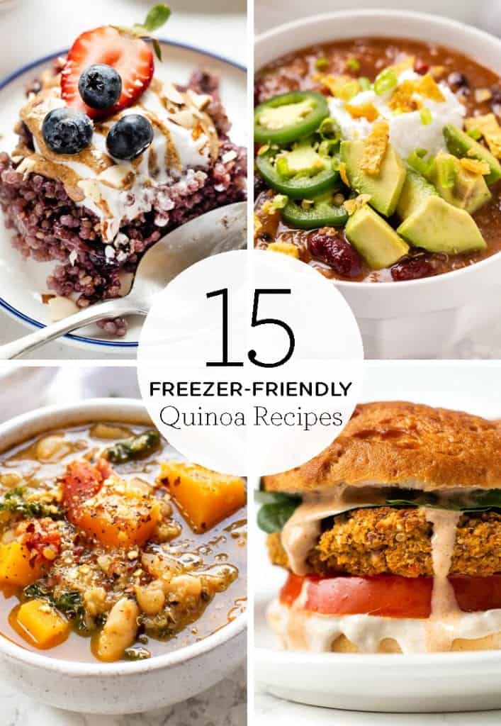 Here are 15 freezer-friendly quinoa recipes! We've got easy homemade soups, chilis, stews, casseroles, from-scratch burgers and more healthy dinner and breakfast ideas that are great for meal prep or re-heating when you're in a pinch! 