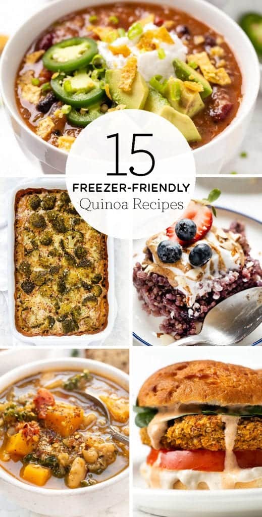Here are 15 freezer-friendly quinoa recipes! We've got easy homemade soups, chilis, stews, casseroles, from-scratch burgers and more healthy dinner and breakfast ideas that are great for meal prep or re-heating when you're in a pinch! 