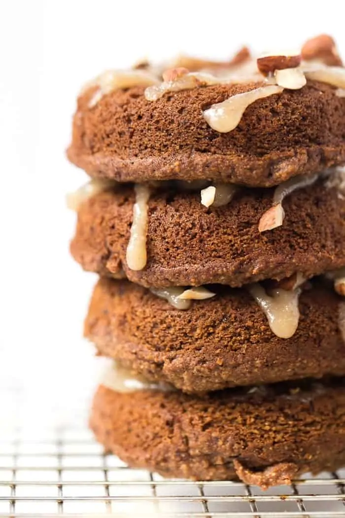 These HEALTHY Vegan Pumpkin Donuts are also gluten-free and topped with a healthy coconut icing!