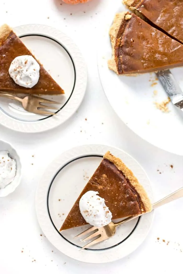 PERFECT Vegan Pumpkin Pie served in a flakey, grain-free almond flour crust! 