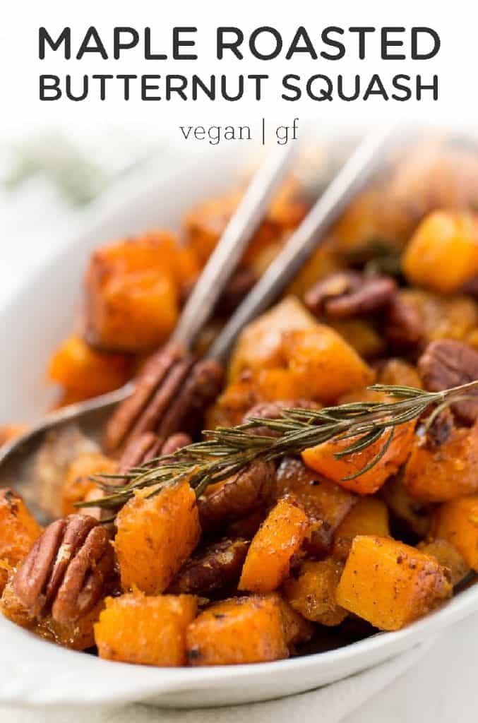 This Maple Roasted Butternut Squash with Pecans is the perfect holiday side dish! Uses just 7 ingredients, requires only one bowl and 40 minutes to make! Easy healthy idea for Thanksgiving that is vegan and gluten-free. Your families will love this recipe!