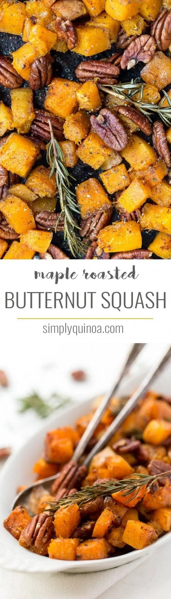 This MAPLE ROASTED Butternut Squash recipe is the perfect holiday side dish! Uses just 7 ingredients, requires only one bowl and 40 minutes to make!