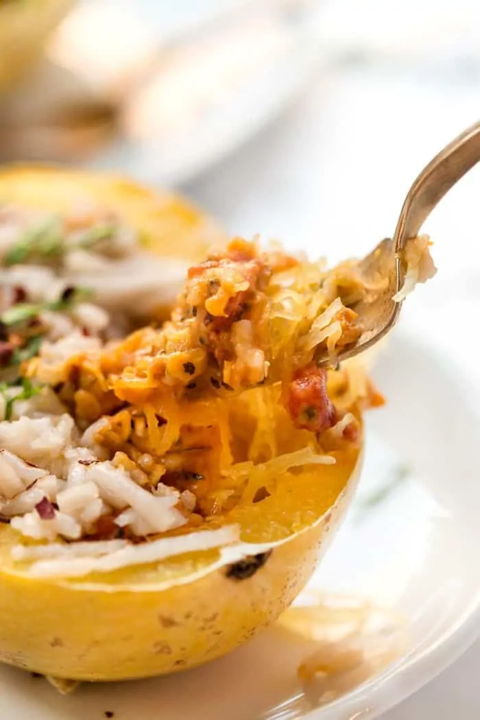 Close up of a forkful of vegan bolognese held over a spaghetti squash boat.