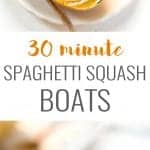 Pinterest title image for Vegetarian Spaghetti Squash Boats.