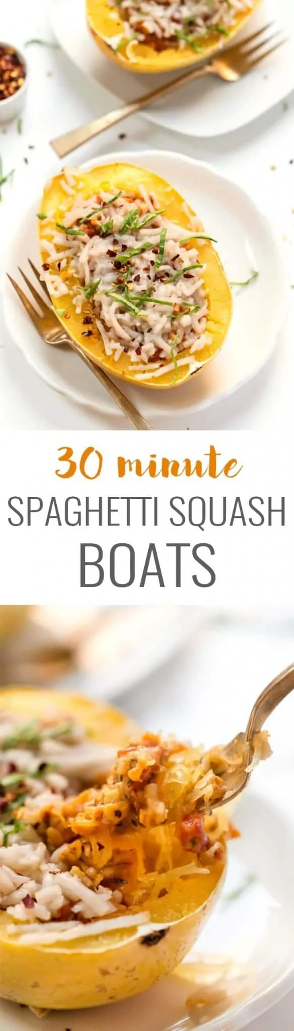 Vegetarian Spaghetti Squash Boats -- super healthy and ready in just 30 MINUTES ❤️ filled with a vegan bolognese sauce and topped with vegan cheese! #spaghettisquash #vegan