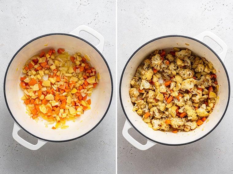 This curried acorn squash soup recipe is cozy and creamy, packed with roasted cauliflower, veggies, and spices. Vegan and freezer-friendly! Side by side images of vegetables sauteing in a large pot, to form the base for acorn squash soup.
