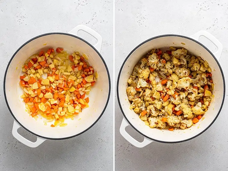 collage of cooking vegetables in a pot for soup