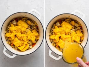 Side by side images showing the process of adding cooked squash and broth to sauteed vegetables a pot.