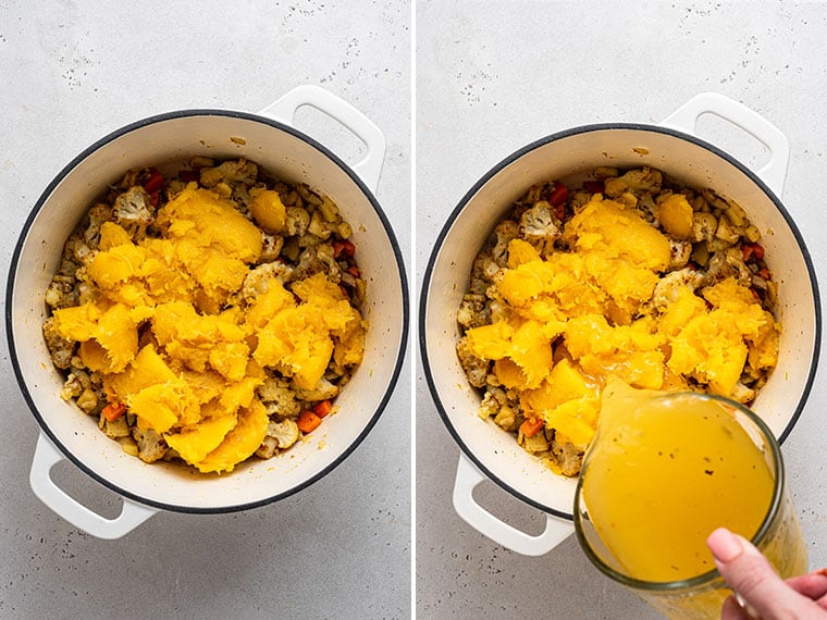 This curried acorn squash soup recipe is cozy and creamy, packed with roasted cauliflower, veggies, and spices. Vegan and freezer-friendly! Side by side images showing the process of adding cooked squash and broth to sauteed vegetables a pot.