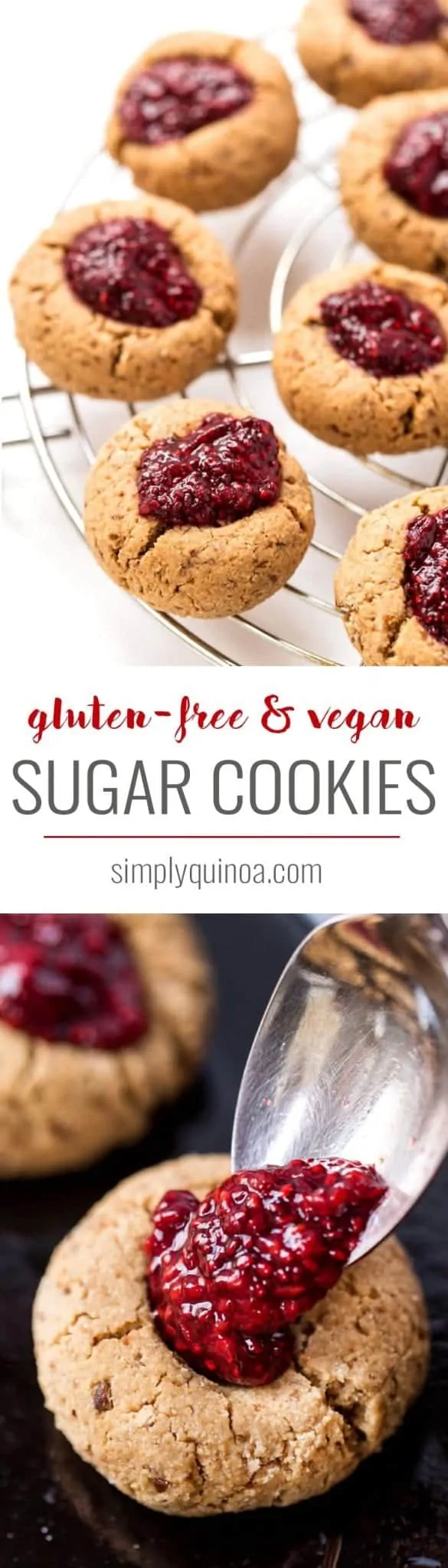 These HEALTHY and Gluten-Free Raspberry Thumbprint Cookies are made with a cashew butter base and topped with homemade raspberry chia seed jam!