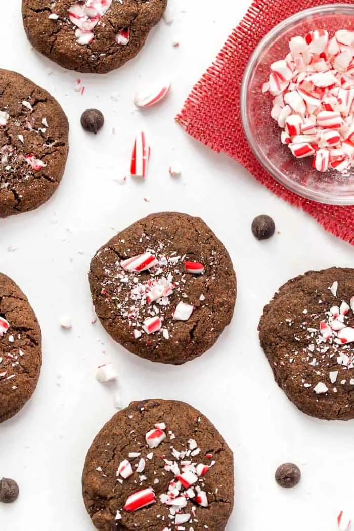 These HEALTHY Dark Chocolate Peppermint Cookies are made with a whole-grain base and coconut oil instead of butter!