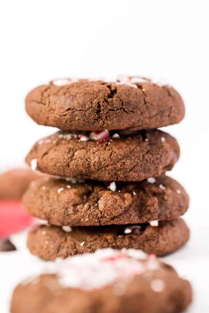 These HEALTHY Dark Chocolate Peppermint Cookies are made with a whole-grain base and coconut oil instead of butter!