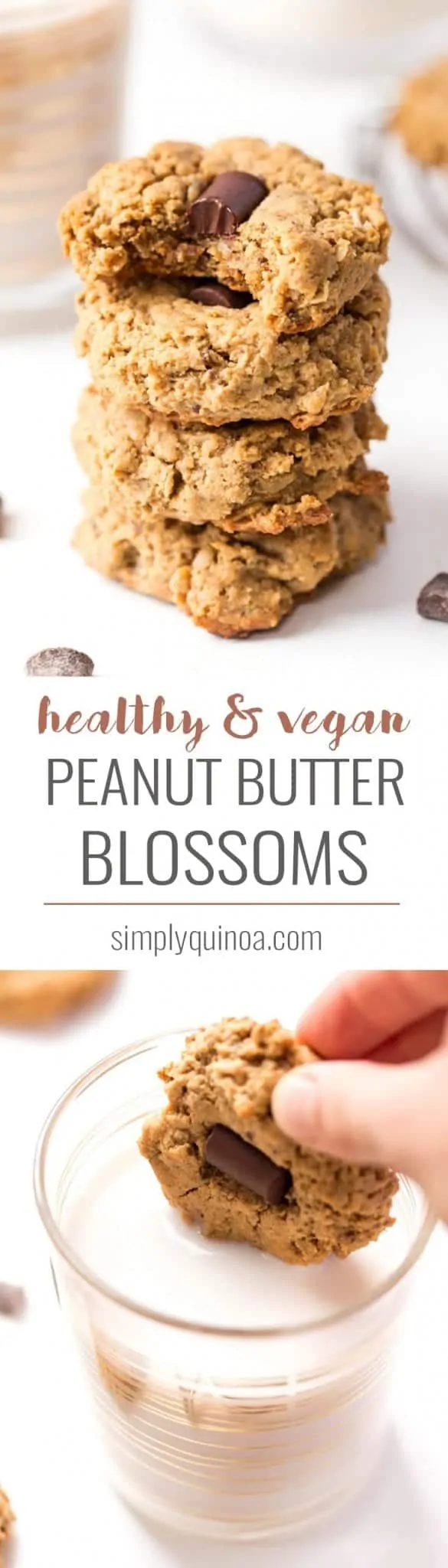 These HEALTHY PEANUT BUTTER BLOSSOMS are a fun, lower calorie twist on this classic recipe. Made gluten-free, refined sugar-free, high protein and vegan!