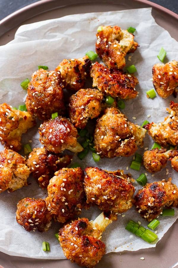 spicy sesame vegan cauliflower wings with maple dipping sauce