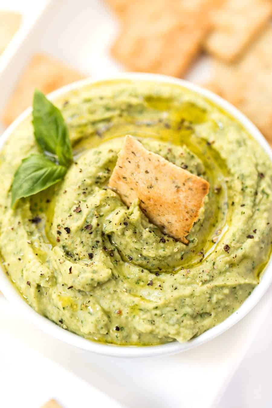 vegan basil pesto white bean dip with crackers