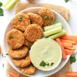 vegan buffalo quinoa bites served with vegan ranch dressing