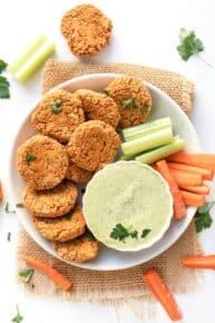 vegan buffalo quinoa bites served with vegan ranch dressing