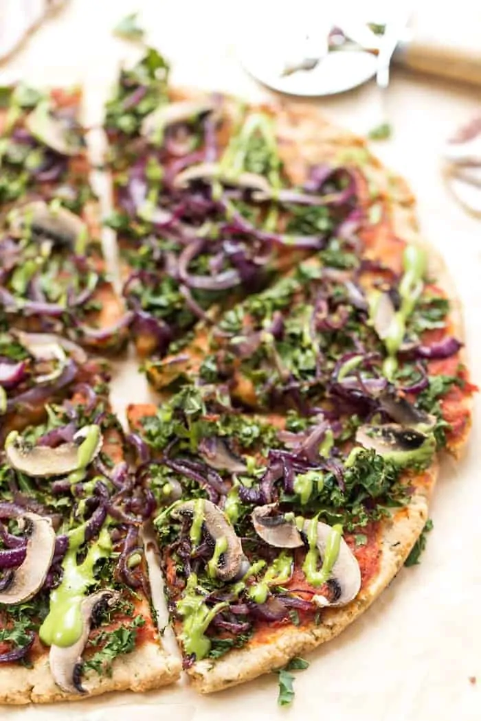 grain-free vegan pizza crust with lots of toppings