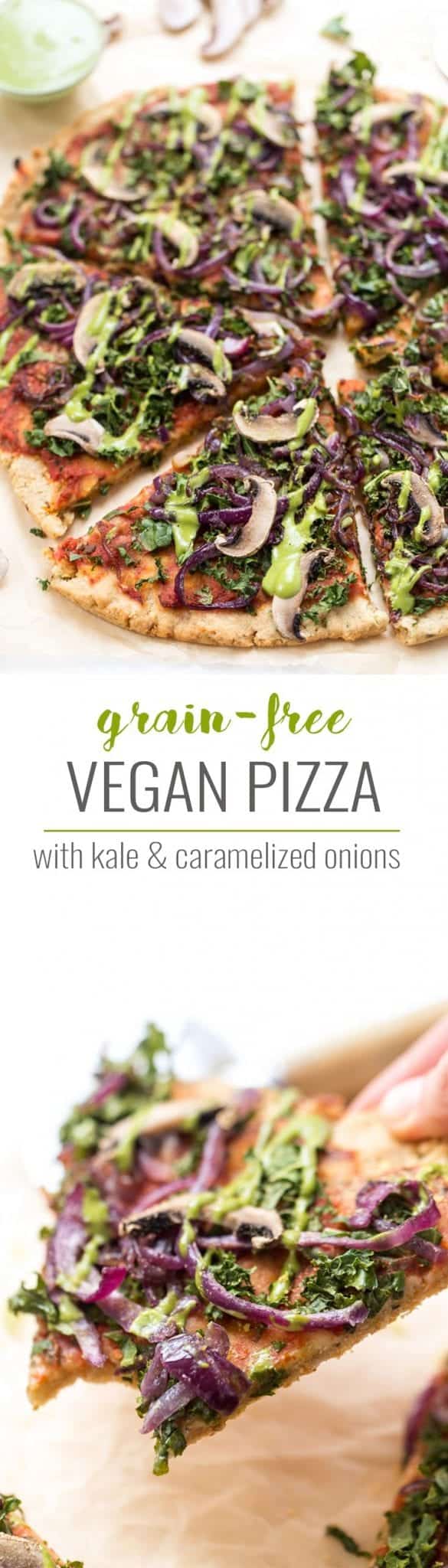 grain-free vegan pizza with caramelized onions and mushrooms