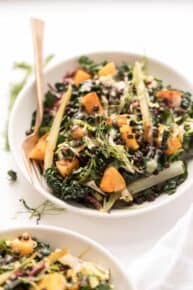 vegetarian kale salad with butternut squash and lentils