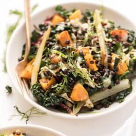 vegetarian kale salad with butternut squash and lentils