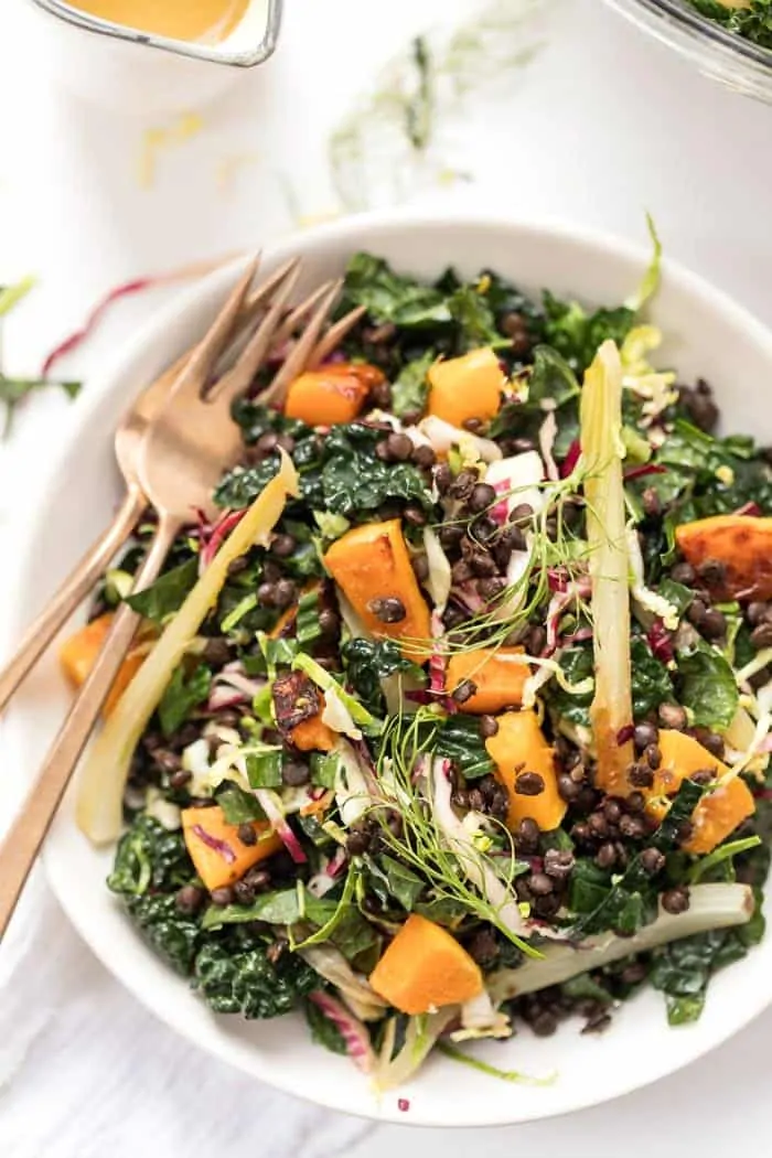 winter kale salad with butternut squash and lentils