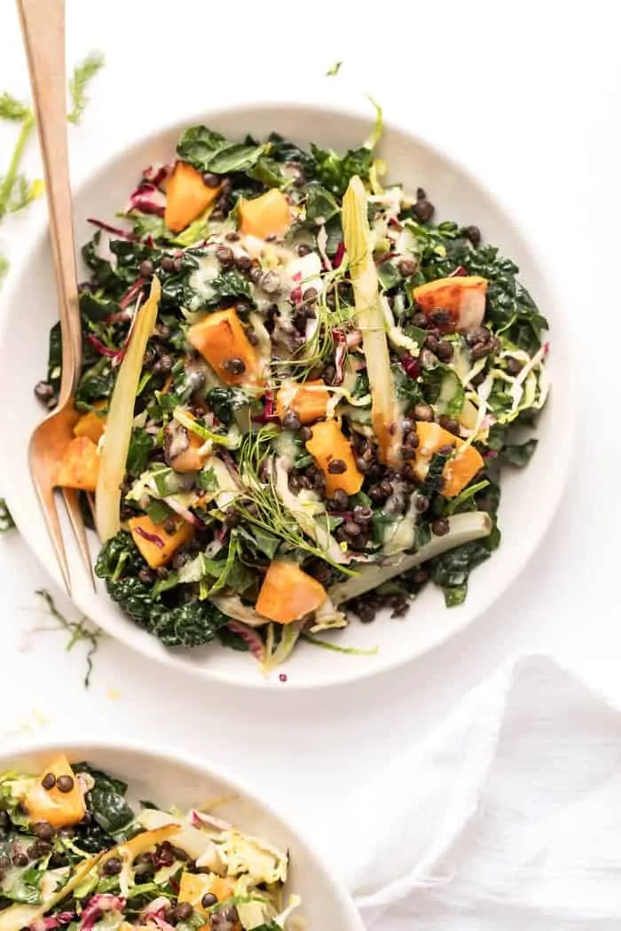 healthy winter kale salad with lentils and butternut squash