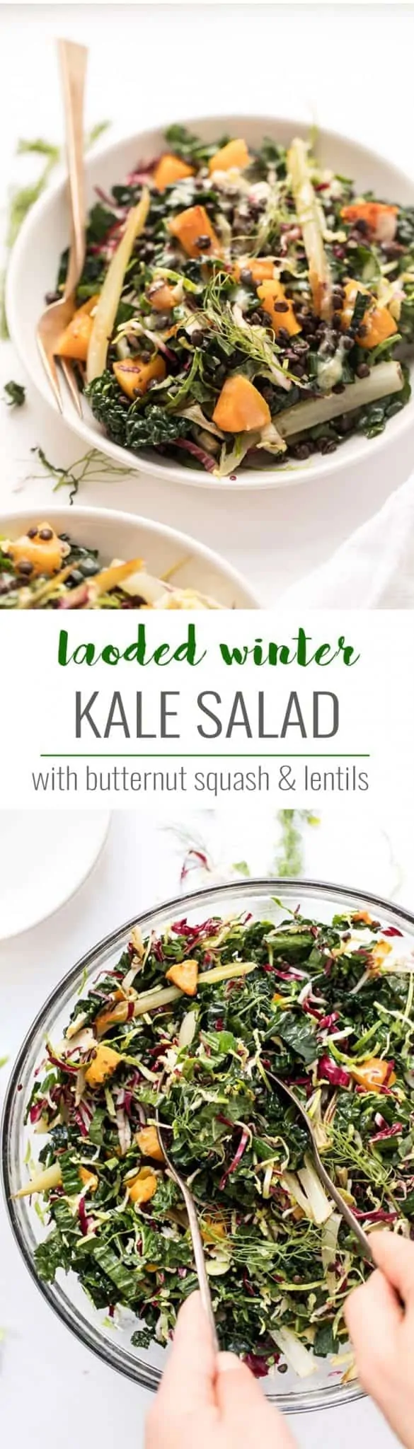 vegetarian winter kale salad with lentils and squash