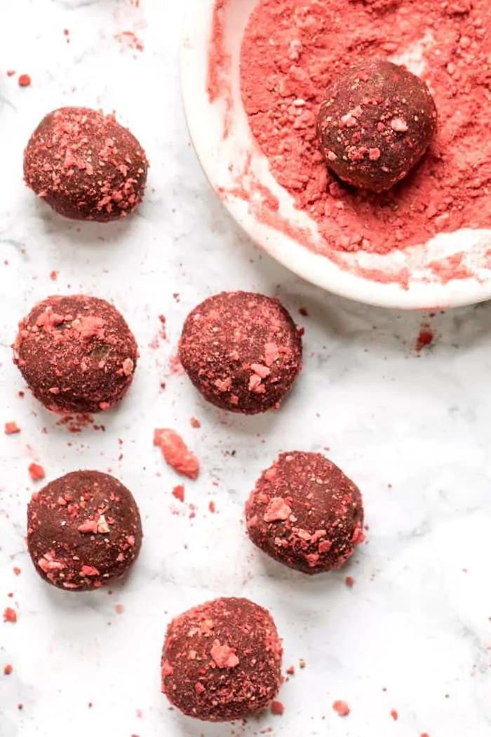 5 ingredient chocolate truffles rolled in strawberry powder