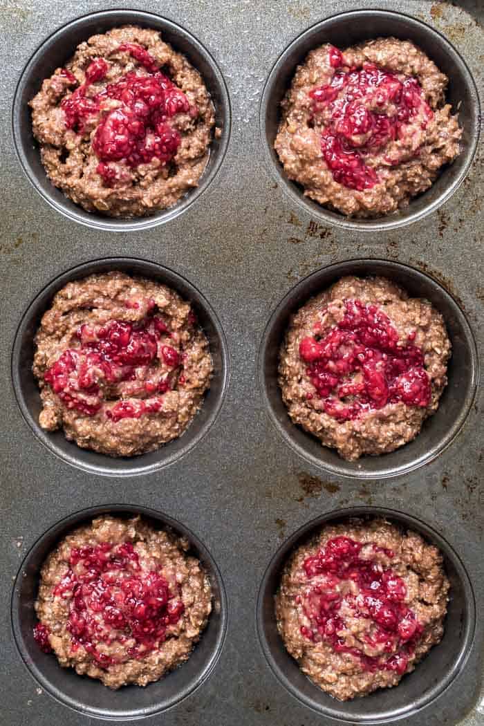 how to make healthy chocolate muffins topped with raspberry chia seed jam