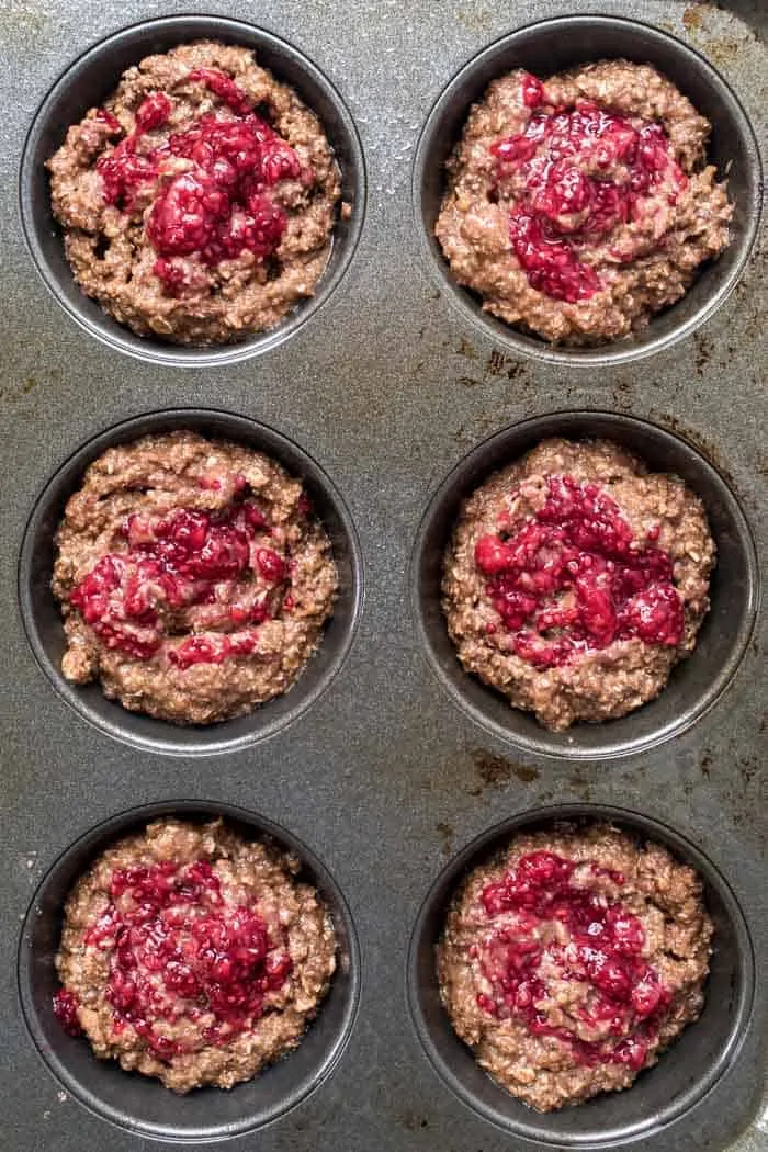 how to make healthy chocolate muffins topped with raspberry chia seed jam