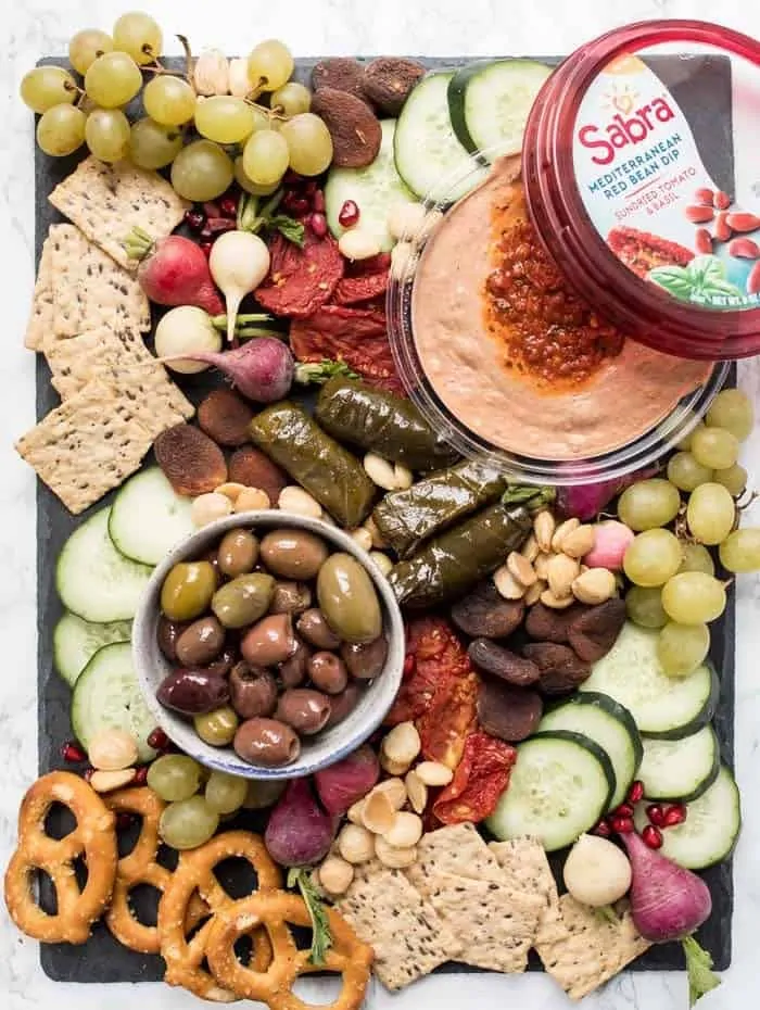 healthy vegan snack board with red bean dip