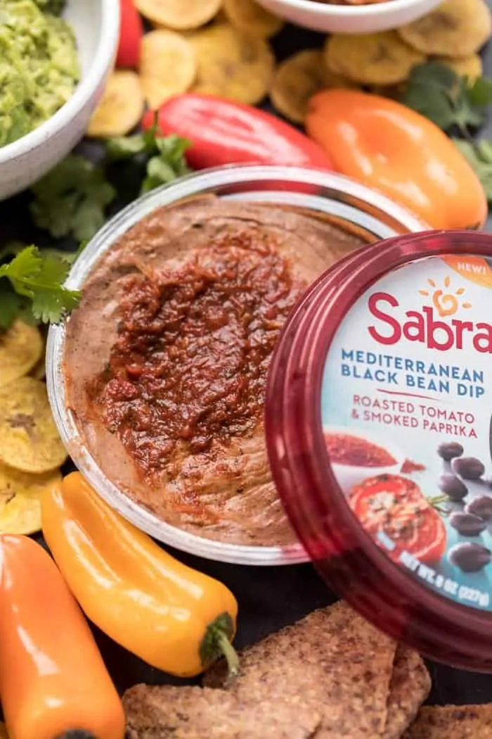 sabra black bean dip with a vegan snack board