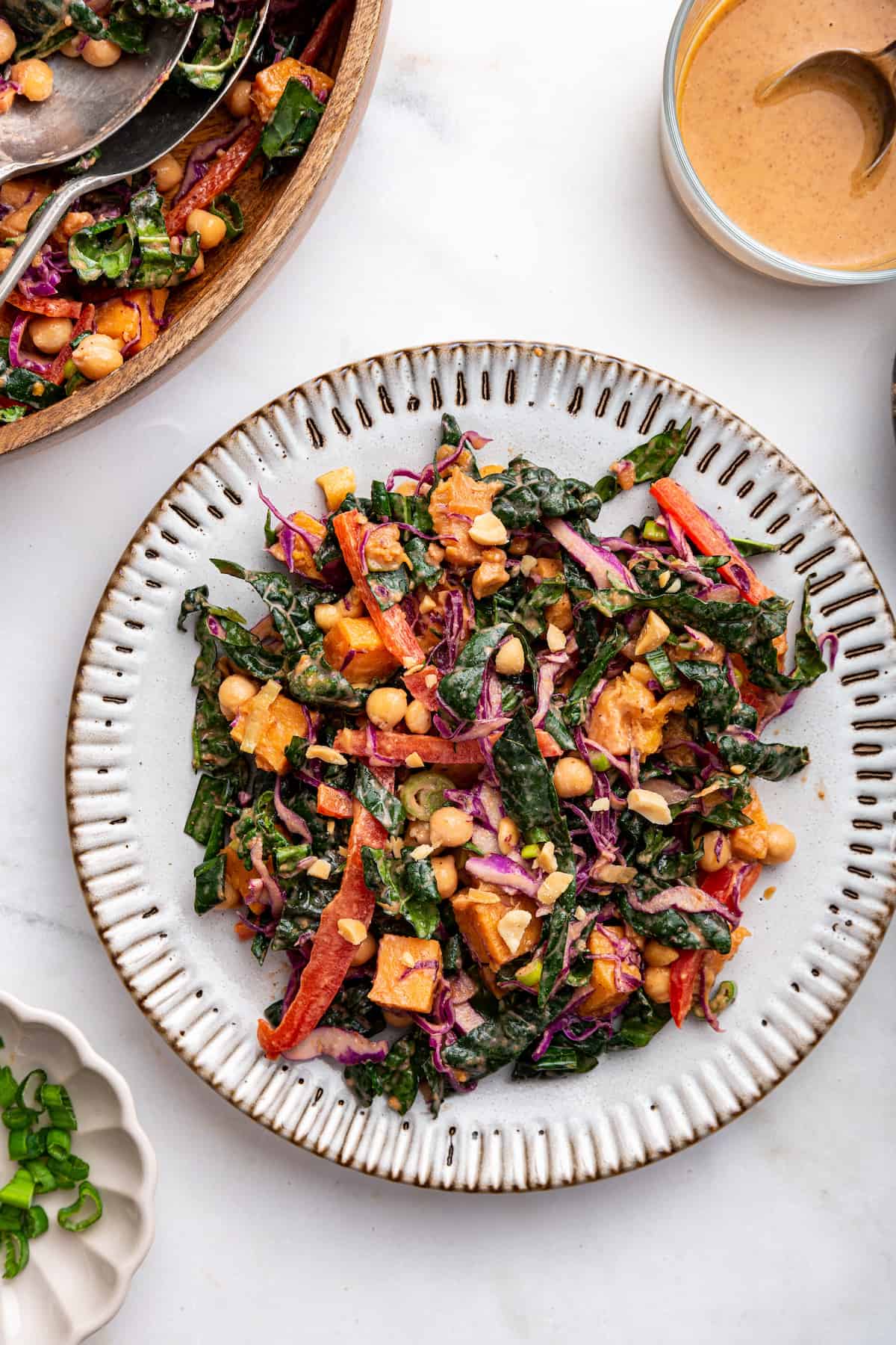 Overhead view of kale sweet potato salad on plate