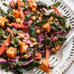 Overhead view of kale sweet potato salad on plate