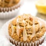 gluten-free lemon poppy seed muffins with a coconut butter glaze
