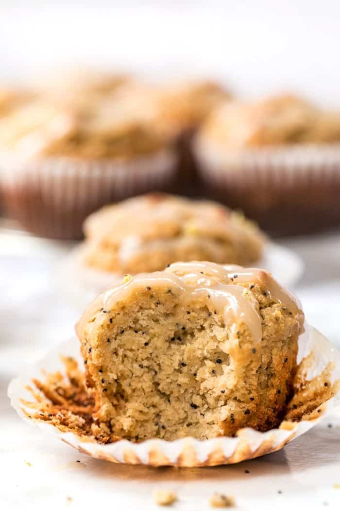 perfect gluten-free lemon poppy seed muffins with coconut butter icing