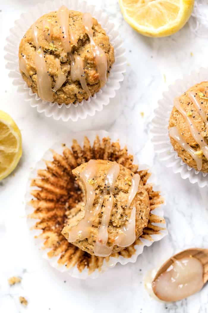 healthy gluten-free lemon poppy seed muffins with coconut butter icing