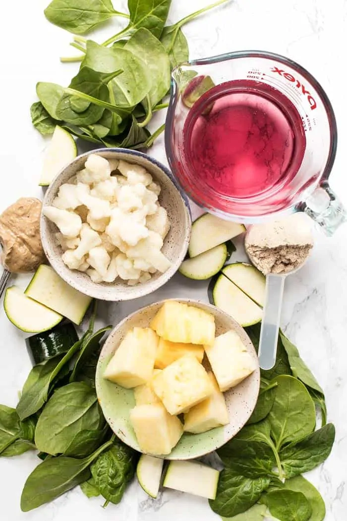 ingredients for a pineapple green smoothie recipe