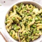 vegan pesto pasta with peas and asparagus