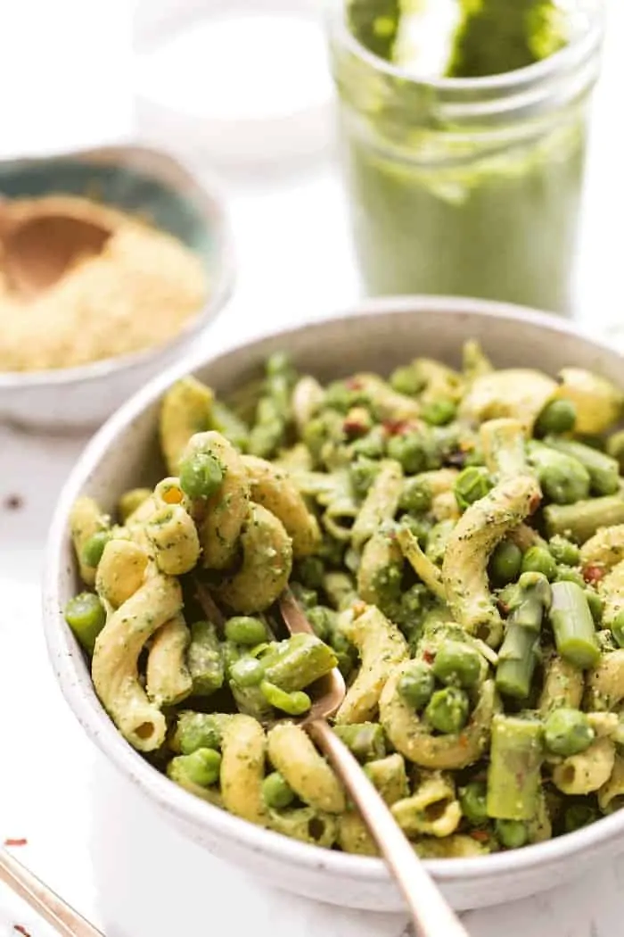 spring pesto pasta with homemade vegan pesto