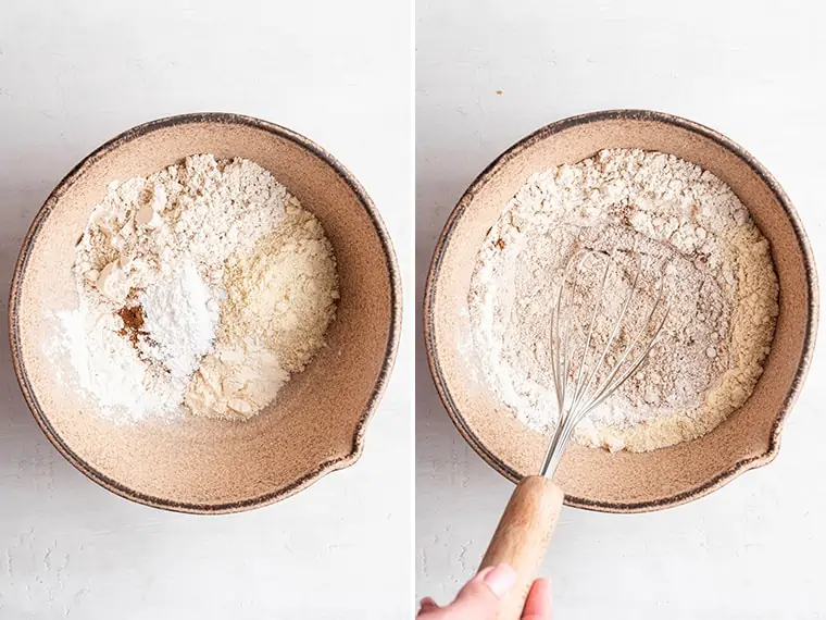 An image of gluten-free flour for pancakes beside an image the flours being mixed together with a whisk