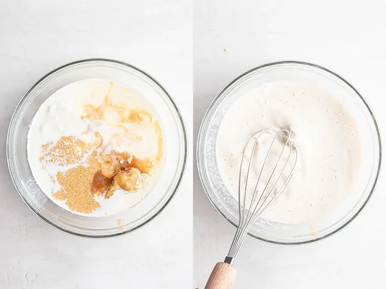 Bowl of wet ingredients for pancakes beside an image of bilk and eggs being mixed with a whisk