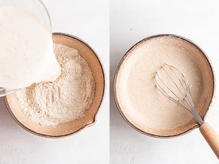 An image of pour wet ingredients into a bowl of dry ingredients beside an image of pancake batter with a whisk