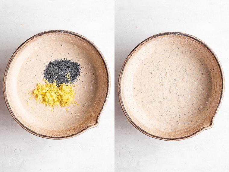 An image of pancake batter with poppy seeds and lemon zest beside an image of lemon poppy seed pancake batter mixed together