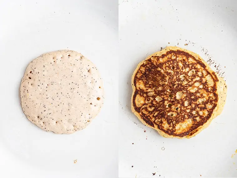 An image of uncooked pancake on a white pan beside an image of a cooked pancake on a white pan
