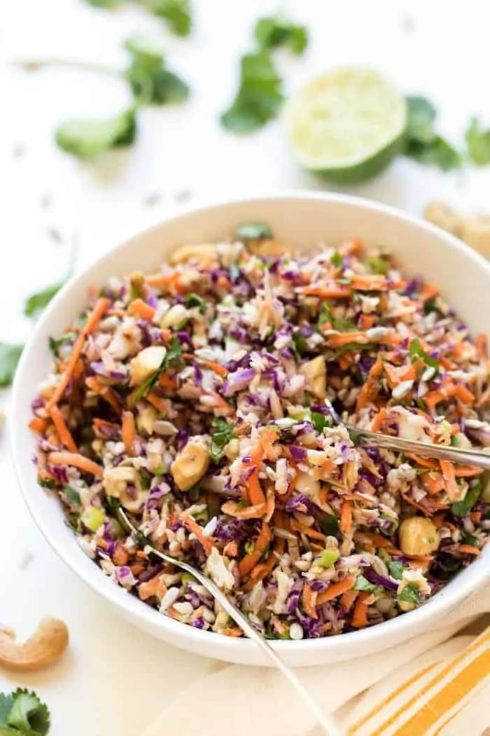 mayo-free vegan coleslaw recipe with creamy tahini dressing