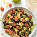 healthy vegetarian taco salads with black beans, romaine and avocado