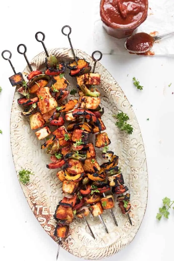barbecue grilled pineapple and tofu kebabs with peppers